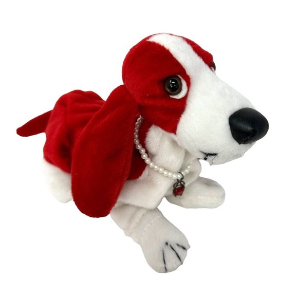 Birthstone Bassets January Red Plush Dog Pearl Necklace Red Stone Stuffed Animal - Picture 6 of 12